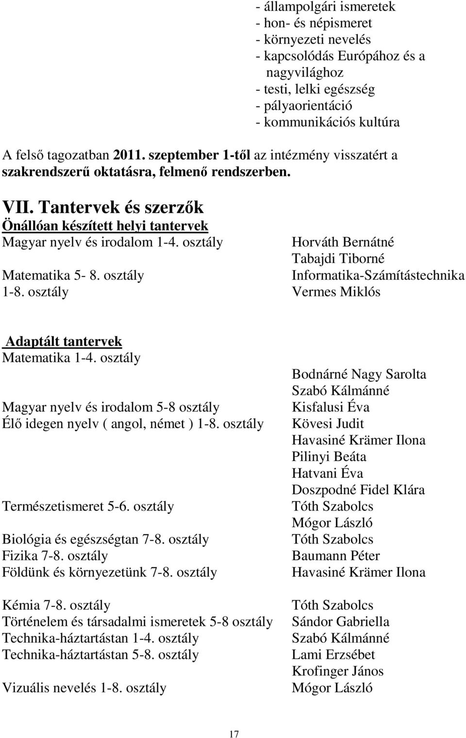 osztály Horváth Bernátné Tabajdi Tiborné Matematika 5-8. osztály Informatika-Számítástechnika 1-8. osztály Vermes Miklós Adaptált tantervek Matematika 1-4.