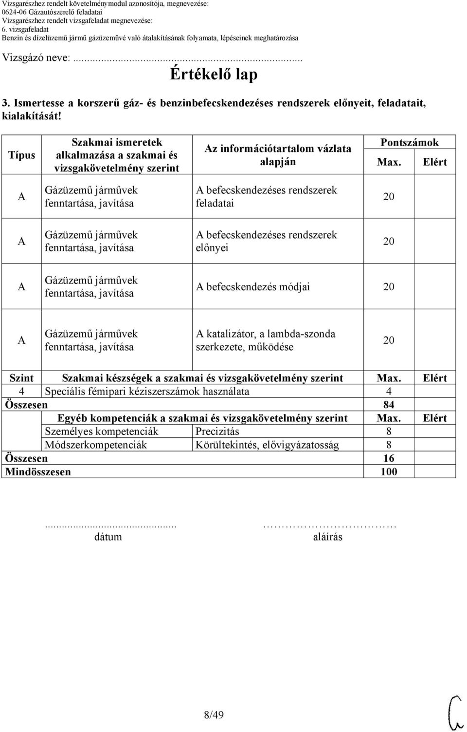 Elért befecskendezéses rendszerek feladatai befecskendezéses rendszerek előnyei befecskendezés módjai katalizátor, a lambda-szonda szerkezete, működése Szint Szakmai készségek a szakmai és