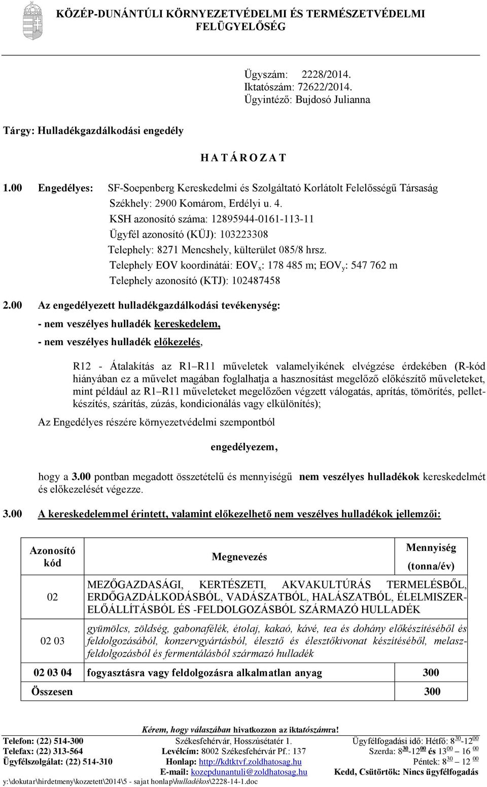 KSH azonosító száma: 12895944-0161-113-11 Ügyfél azonosító (KÜJ): 103223308 Telephely: 8271 Mencshely, külterület 085/8 hrsz.