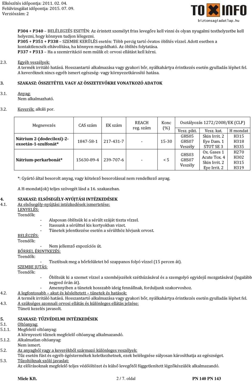 P337 + P313 Ha a szemirritáció nem múlik el: orvosi ellátást kell kérni. 2.3. Egyéb veszélyek: A termék irritáló hatású.
