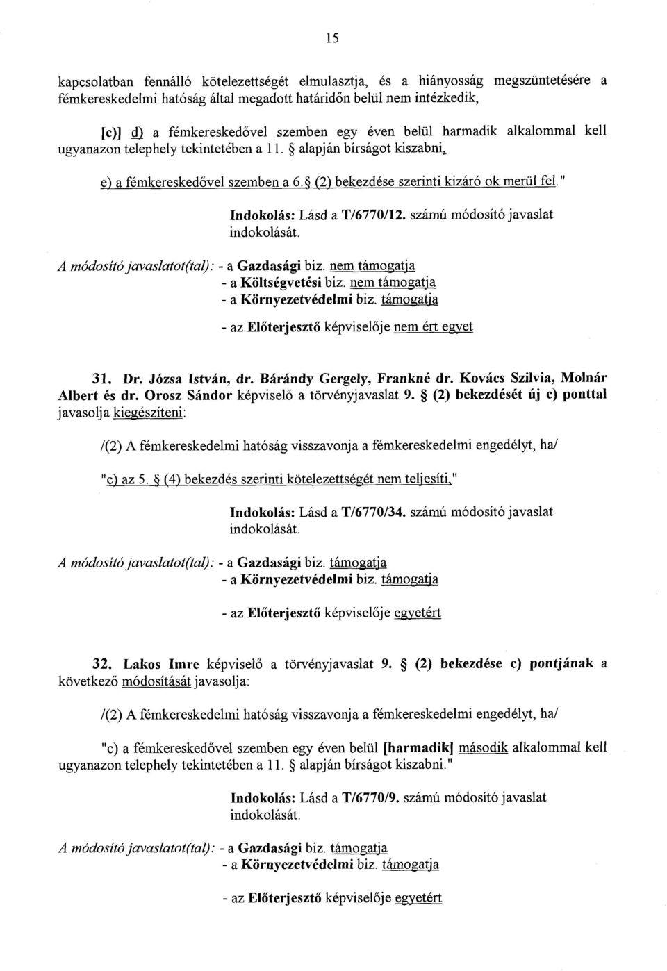 " Indokolás : Lásd a T/6770/12. számú módosító javaslat A módosító javaslatot(tal) : - a Gazdasági biz. nem támogatj a - a Költségvetési biz. nem támogatj a - a Környezetvédelmi biz.