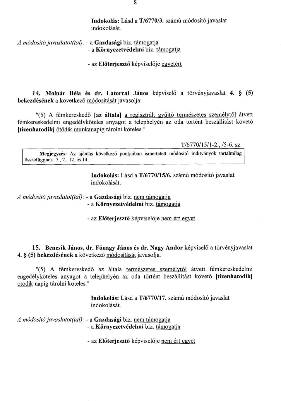 (5) bekezdésének a következő módosítását javasolja : "(5) A fémkereskedő [az általa] a regisztrált gyűjtő természetes személytől átvett fémkereskedelmi engedélyköteles anyagot a telephelyén az oda