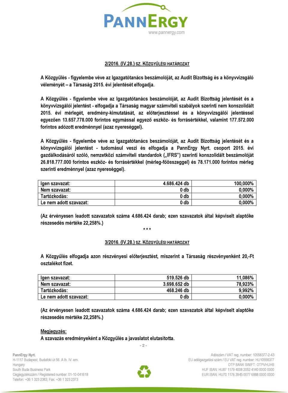 2015. évi mérlegét, eredmény-kimutatását, az előterjesztéssel és a könyvvizsgálói jelentéssel egyezően 13.657.778.000 forintos egymással egyező eszköz- és forrásértékkel, valamint 177.572.