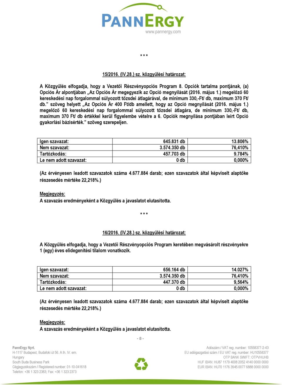 ) megelőző 60 kereskedési nap forgalommal súlyozott tőzsdei átlagárával, de minimum 330,-Ft/ db, maximum 370 Ft/ db. szöveg helyett Az Opciós Ár 400 Ft/db amellett, hogy az Opció megnyílását (2016.