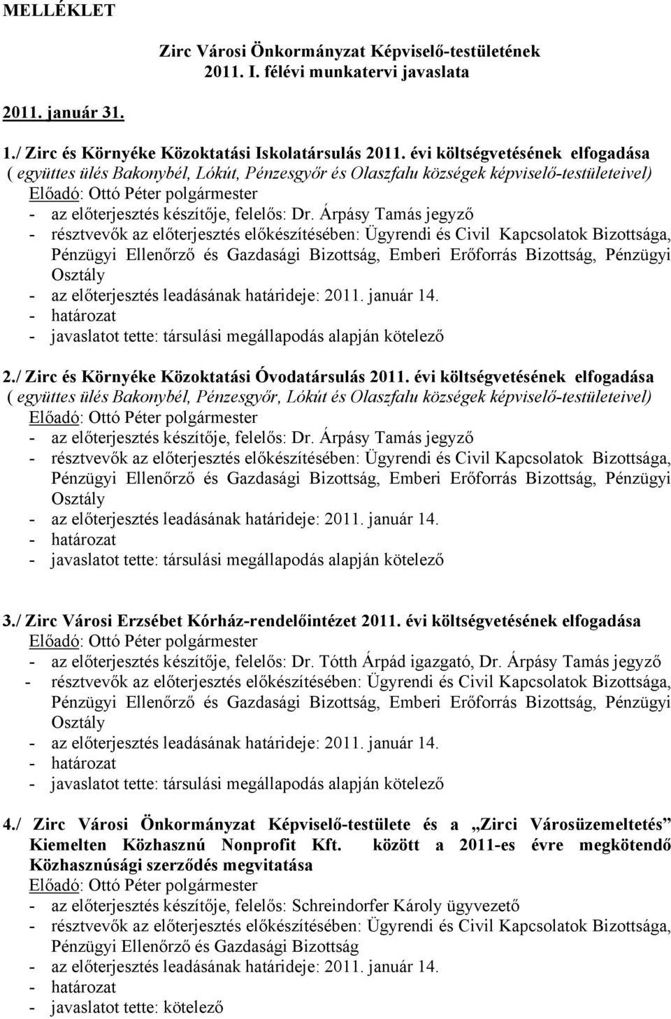 Pénzügyi Osztály - az előterjesztés leadásának határideje: 2011. január 14. - javaslatot tette: társulási megállapodás alapján kötelező 2./ Zirc és Környéke Közoktatási Óvodatársulás 2011.