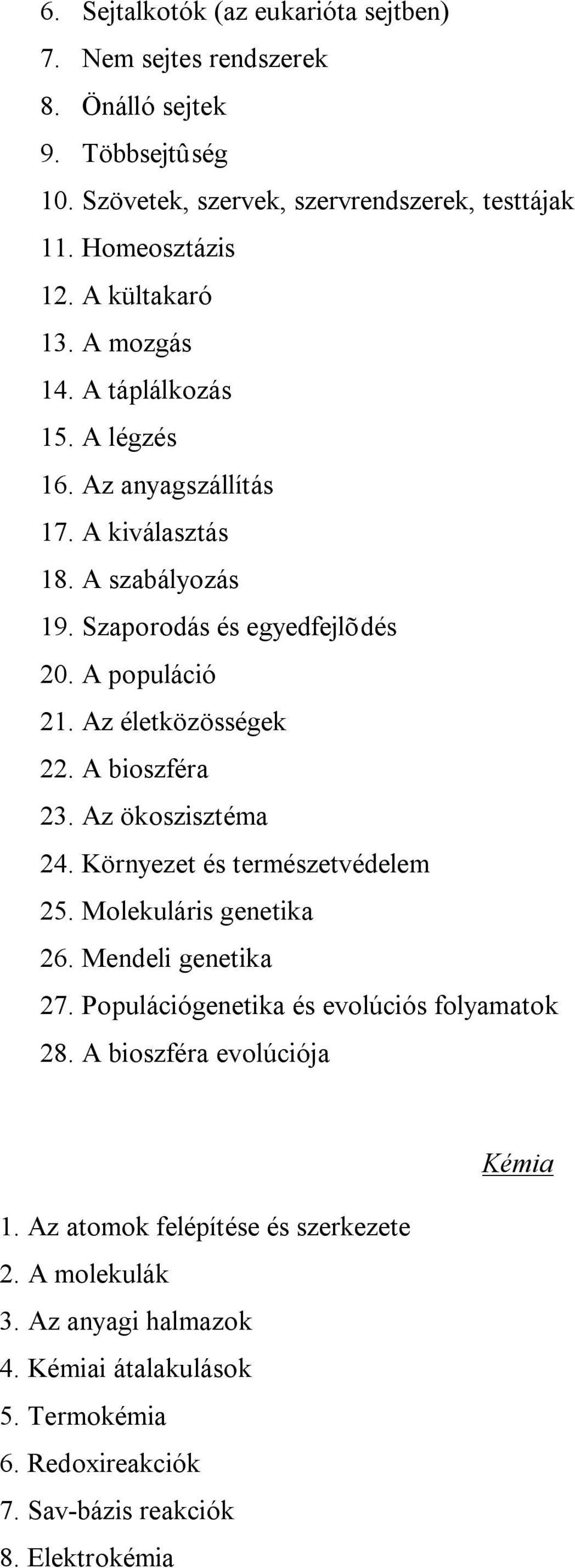 Az életközösségek 22. A bioszféra 23. Az ökoszisztéma 24. Környezet és természetvédelem 25. Molekuláris genetika 26. Mendeli genetika 27.