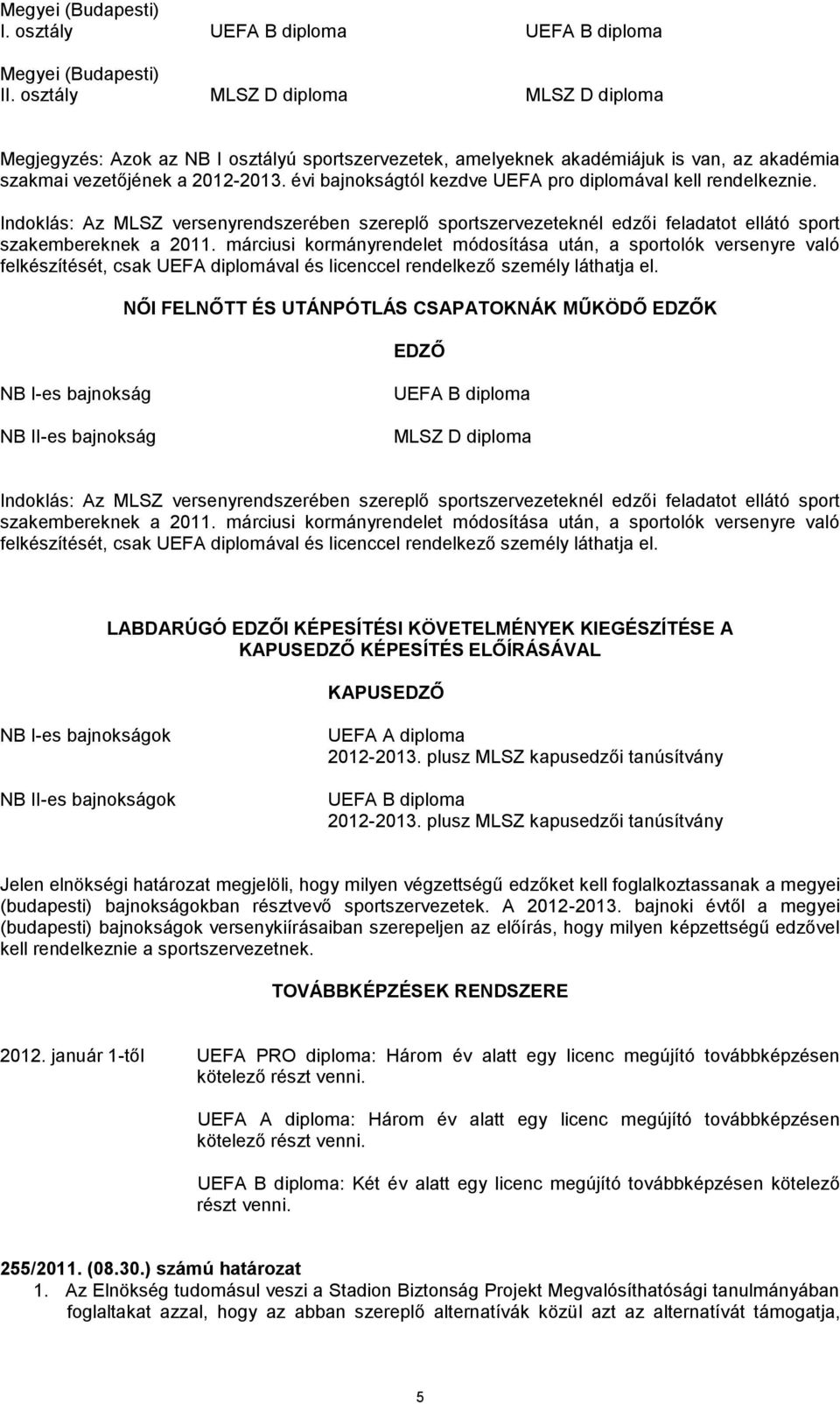 évi bajnokságtól kezdve UEFA pro diplomával kell rendelkeznie. Indoklás: Az MLSZ versenyrendszerében szereplő sportszervezeteknél edzői feladatot ellátó sport szakembereknek a 2011.