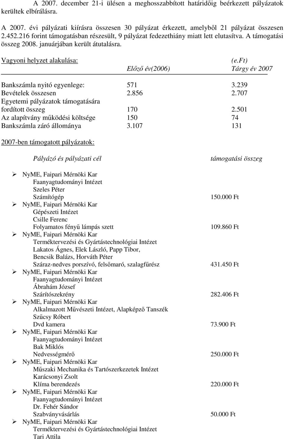 ft) Elızı év(2006) Tárgy év 2007 Bankszámla nyitó egyenlege: 571 3.239 Bevételek összesen 2.856 2.707 Egyetemi pályázatok támogatására fordított összeg 170 2.