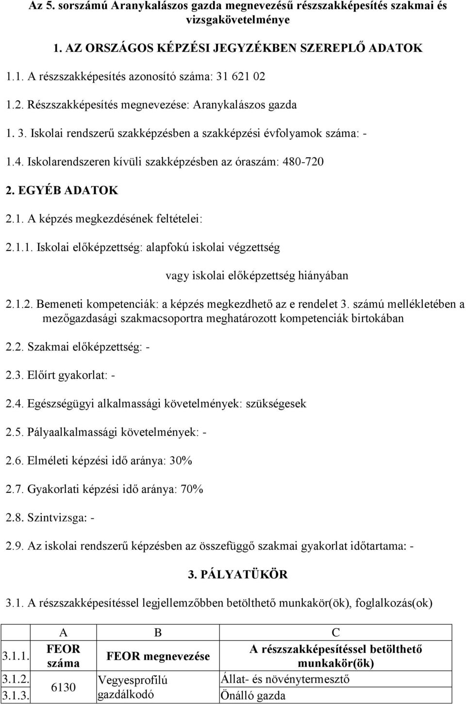 EGYÉB ADATOK 2.1. A képzés megkezdésének feltételei: 2.1.1. Iskolai előképzettség: alapfokú iskolai végzettség vagy iskolai előképzettség hiányában 2.1.2. Bemeneti kompetenciák: a képzés megkezdhető az e rendelet 3.