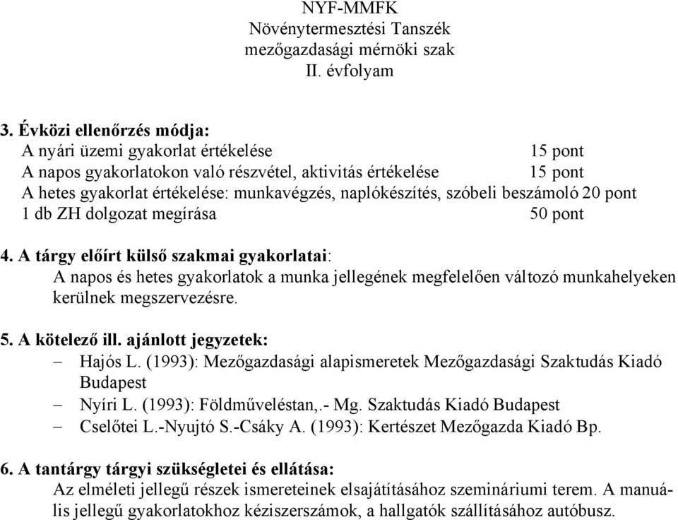 ajánlott jegyzetek: Hajós L. (1993): Mezőgazdasági alapismeretek Mezőgazdasági Szaktudás Kiadó Budapest Nyíri L. (1993): Földműveléstan,.- Mg. Szaktudás Kiadó Budapest Cselőtei L.-Nyujtó S.-Csáky A.