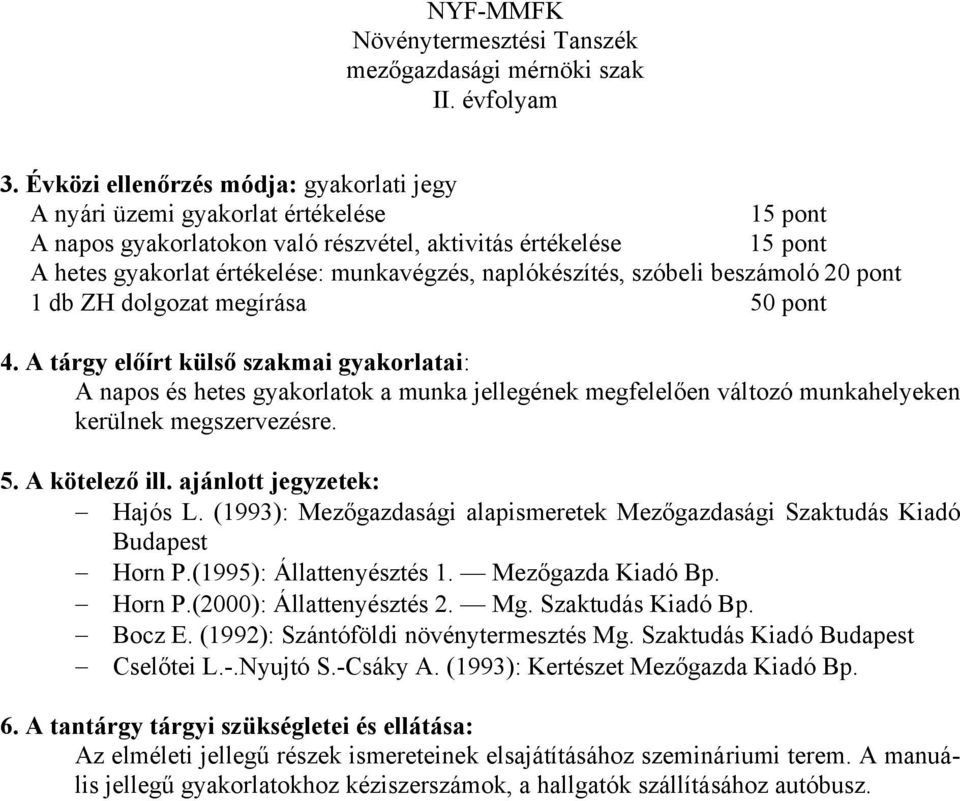 A tárgy előírt külső szakmai gyakorlatai: A napos és hetes gyakorlatok a munka jellegének megfelelően változó munkahelyeken kerülnek megszervezésre. 5. A kötelező ill. ajánlott jegyzetek: Hajós L.