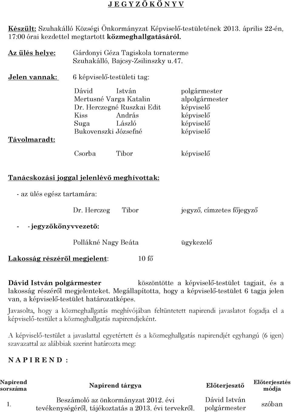 Herczegné Ruszkai Edit képviselő Kiss András képviselő Suga László képviselő Bukovenszki Józsefné képviselő Csorba Tibor képviselő Tanácskozási joggal jelenlévő meghívottak: - az ülés egész