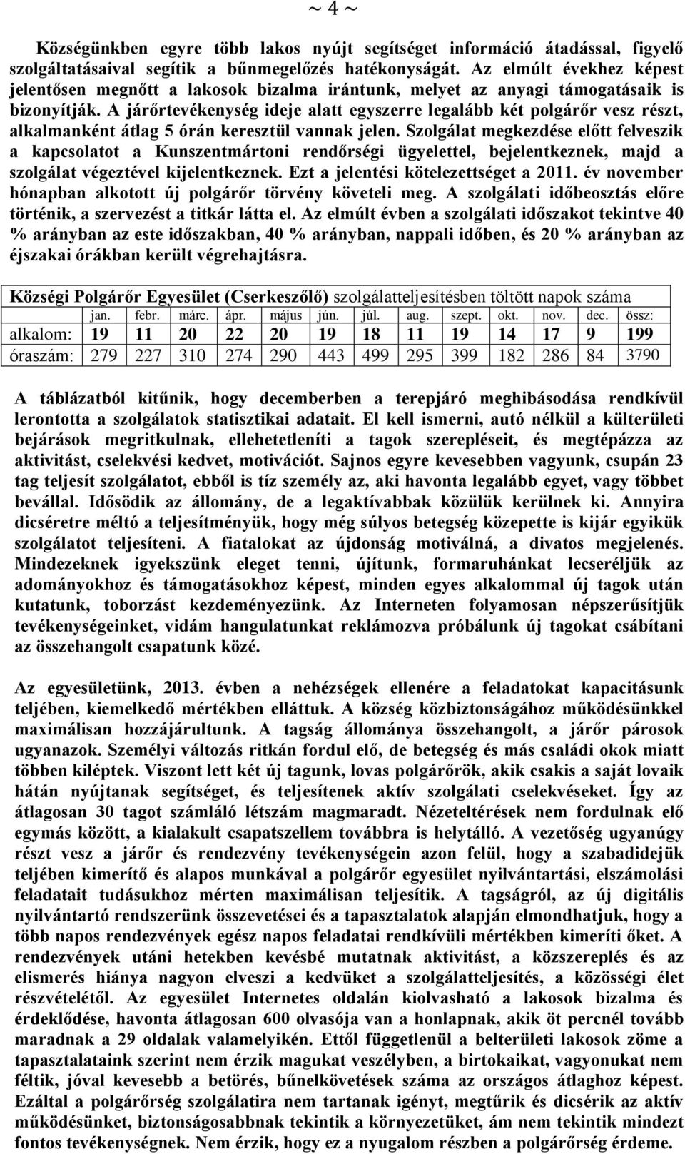 A járőrtevékenység ideje alatt egyszerre legalább két polgárőr vesz részt, alkalmanként átlag 5 órán keresztül vannak jelen.