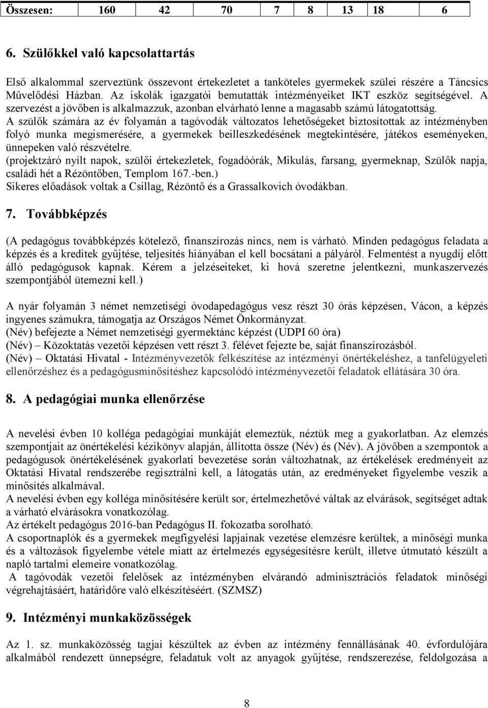 A szülők számára az év folyamán a tagóvodák változatos lehetőségeket biztosítottak az intézményben folyó munka megismerésére, a gyermekek beilleszkedésének megtekintésére, játékos eseményeken,