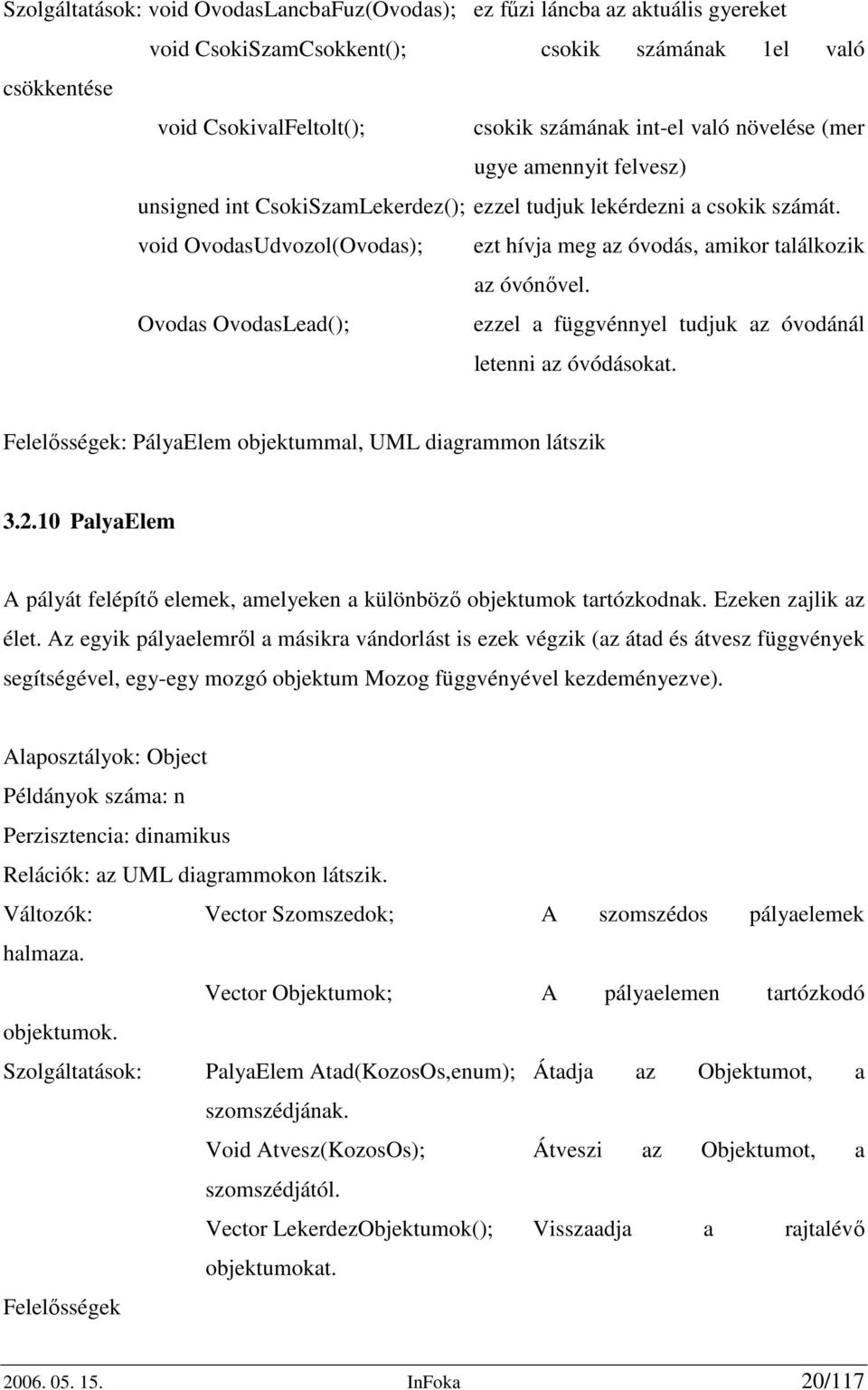 Ovodas OvodasLead(); ezzel a függvénnyel tudjuk az óvodánál letenni az óvódásokat. Felelősségek: PályaElem objektummal, UML diagrammon látszik 3.2.