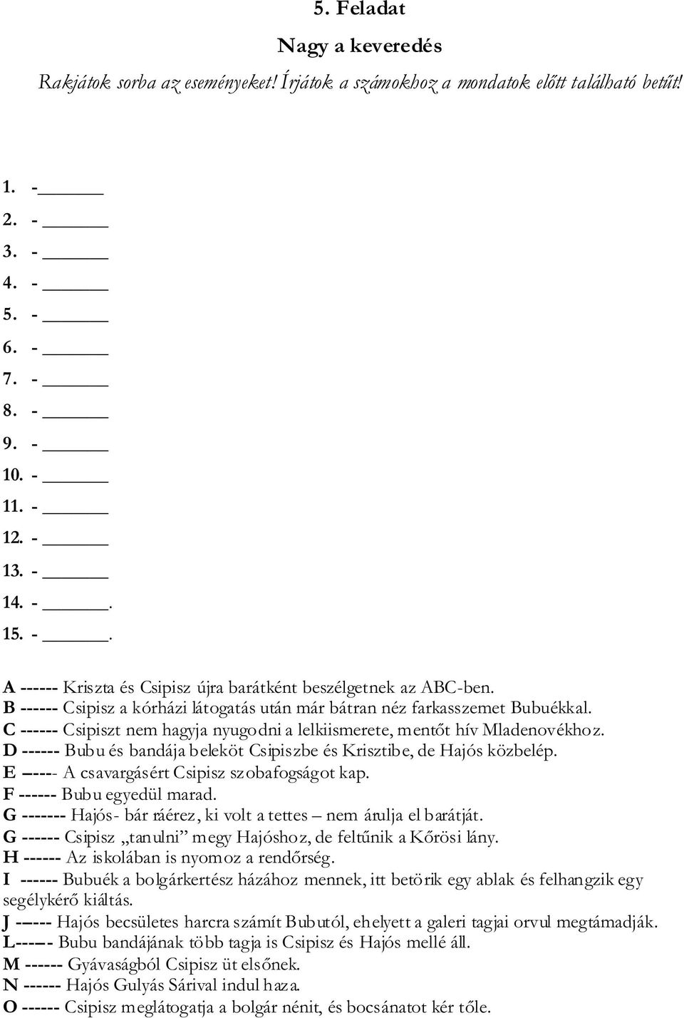 D ------ Bubu és bandája beleköt Csipiszbe és Krisztibe, de Hajós közbelép. E ------ A csavargásért Csipisz szobafogságot kap. F ------ Bubu egyedül marad.