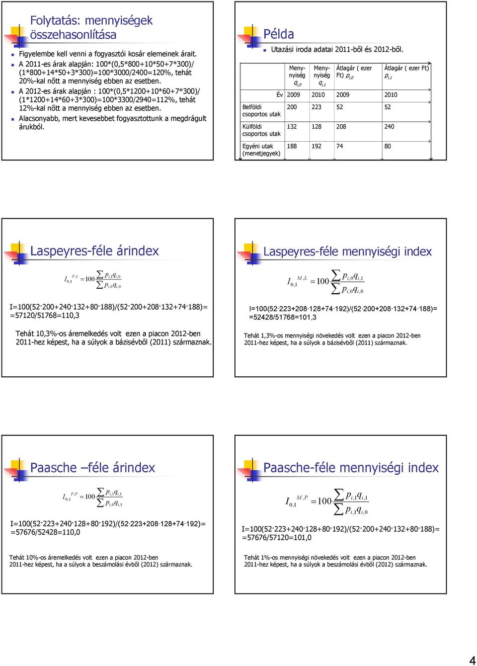 A 0-es árak alajá : 00*(0,5*00+0*60+7*300)/ (*00+4*60+3*300)00*3300/940%, tehát %-kal ıtt a meyiség ebbe az esetbe. Alacsoyabb, mert kevesebbet fogyasztottuk a megdrágult árukból.