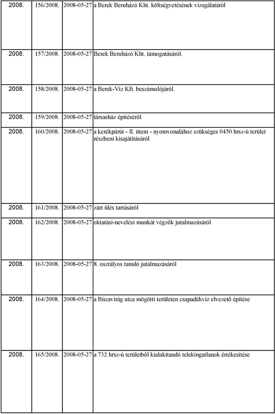 ütem - nyomvonalához szükséges 0450 hrsz-ú terület részbeni kisajátításáról 2008. 161/2008. 2008-05-27 zárt ülés tartásáról 2008. 162/2008.