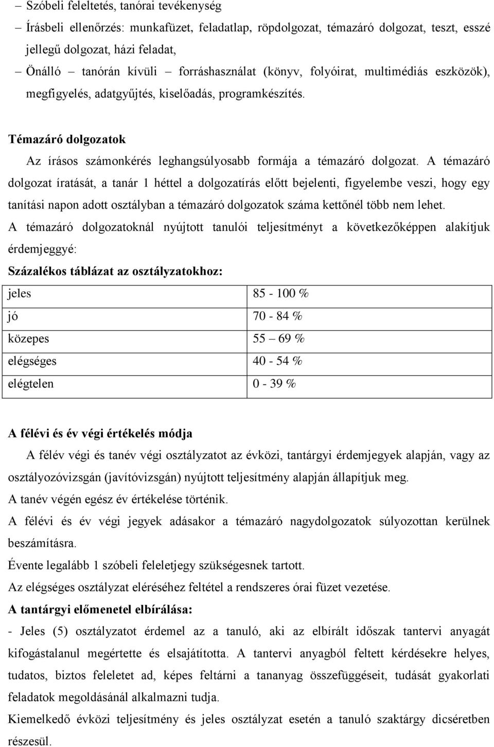 A témazáró dolgozat íratását, a tanár 1 héttel a dolgozatírás előtt bejelenti, figyelembe veszi, hogy egy tanítási napon adott osztályban a témazáró dolgozatok száma kettőnél több nem lehet.