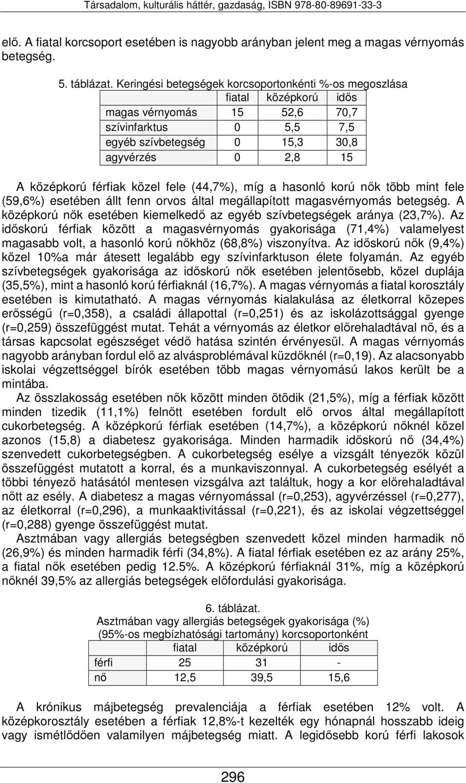 közel fele (44,7%), míg a hasonló korú nők több mint fele (59,6%) esetében állt fenn orvos által megállapított magasvérnyomás betegség.