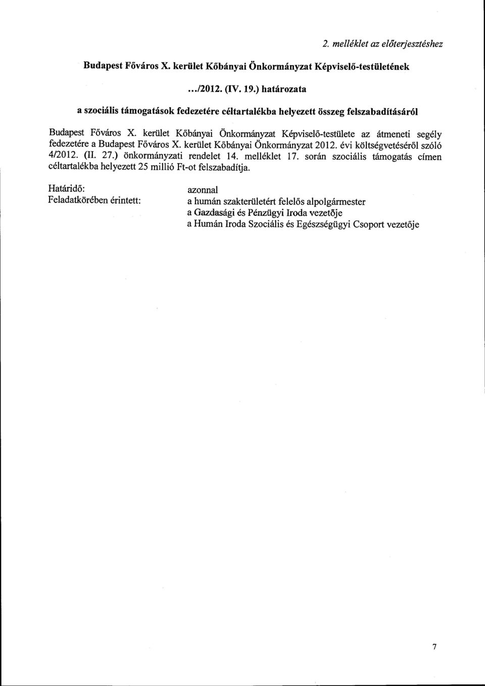 kerület Kőbányai Önkormányzat Képviselő-testülete az átmeneti segély fedezetére a Budapest Főváros X. kerület Kőbányai Önkormányzat 2012. évi költségvetéséről szóló 4/2012. (II. 27.