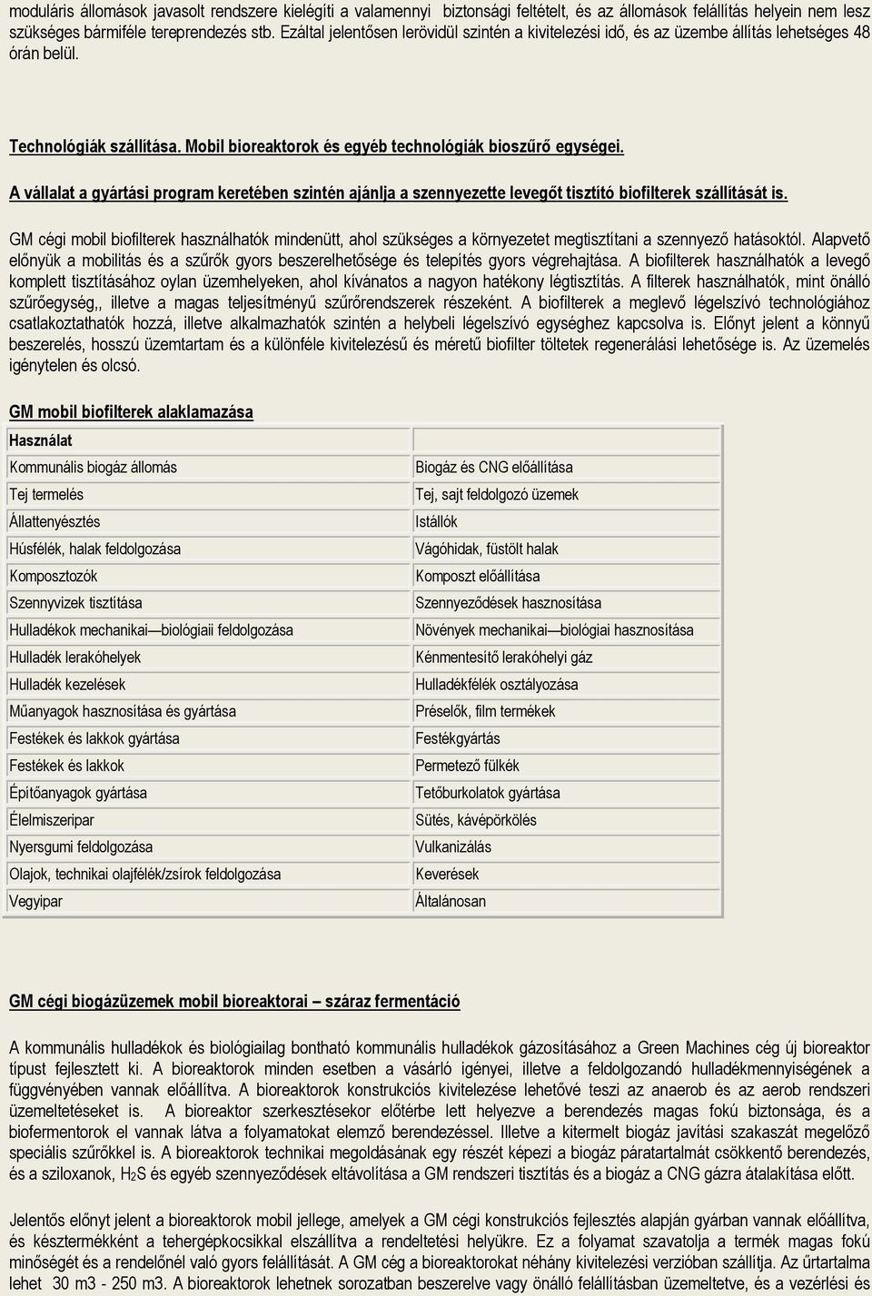 A vállalat a gyártási program keretében szintén ajánlja a szennyezette levegőt tisztító biofilterek szállítását is.