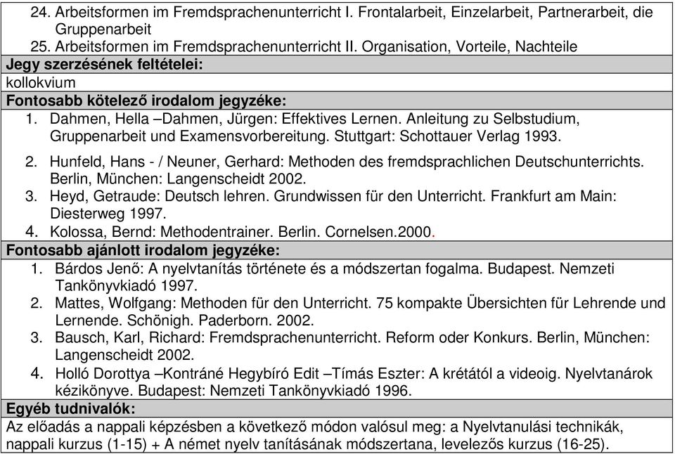 Hunfeld, Hans - / Neuner, Gerhard: Methoden des fremdsprachlichen Deutschunterrichts. Berlin, München: Langenscheidt 2002. 3. Heyd, Getraude: Deutsch lehren. Grundwissen für den Unterricht.