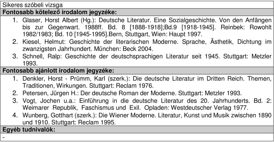 München: Beck 2004. 3. Schnell, Ralp: Geschichte der deutschsprachigen Literatur seit 1945. Stuttgart: Metzler 1993. Fontosabb ajánlott irodalom jegyzéke: 1. Denkler, Horst - Prümm, Karl (szerk.