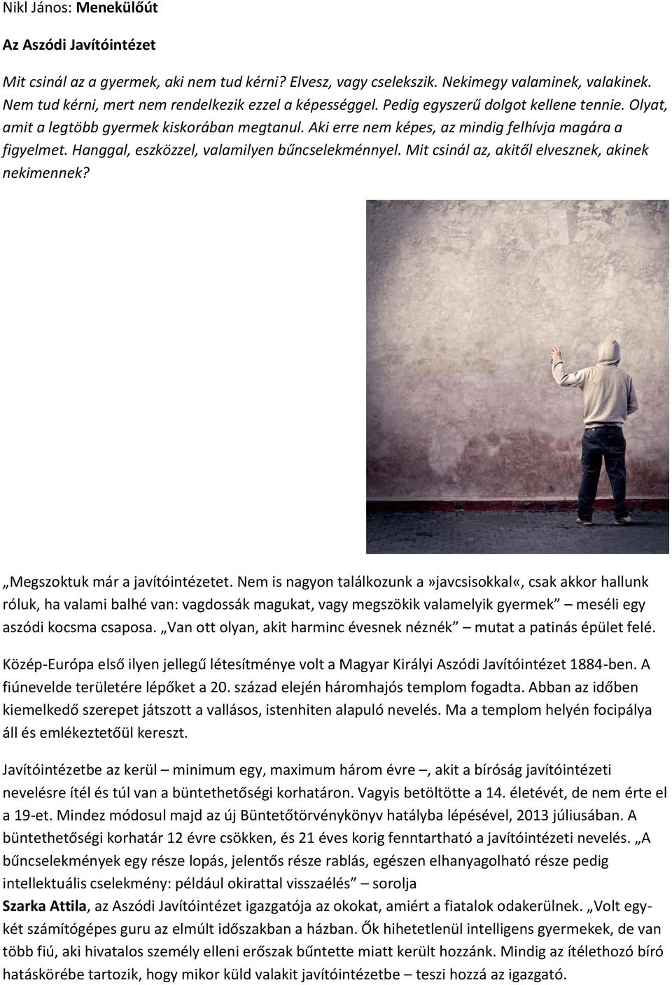 Aki erre nem képes, az mindig felhívja magára a figyelmet. Hanggal, eszközzel, valamilyen bűncselekménnyel. Mit csinál az, akitől elvesznek, akinek nekimennek? Megszoktuk már a javítóintézetet.