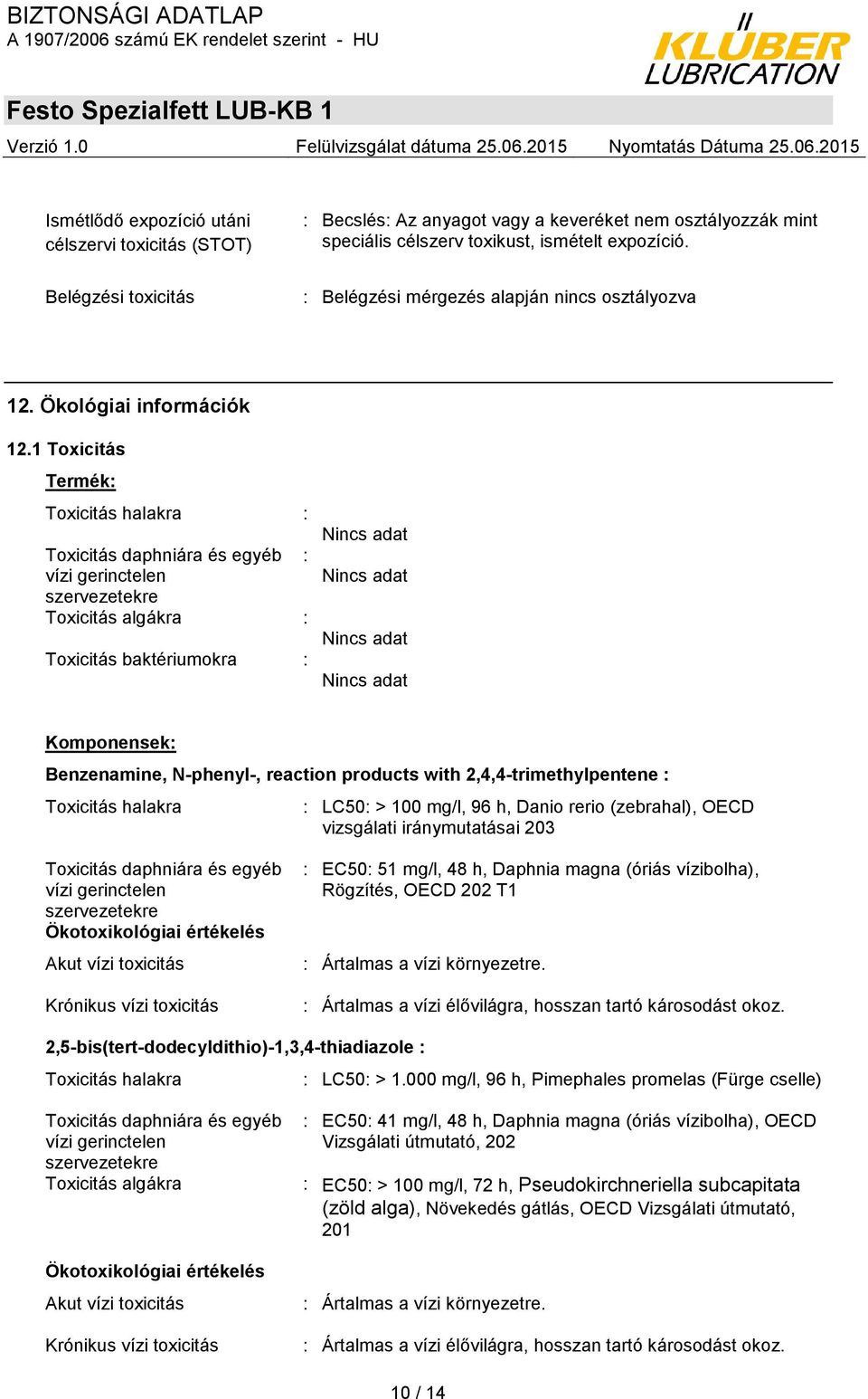 1 Toxicitás Termék: Toxicitás halakra : Toxicitás daphniára és egyéb : vízi gerinctelen szervezetekre Toxicitás algákra : Toxicitás baktériumokra : Nincs adat Nincs adat Nincs adat Nincs adat