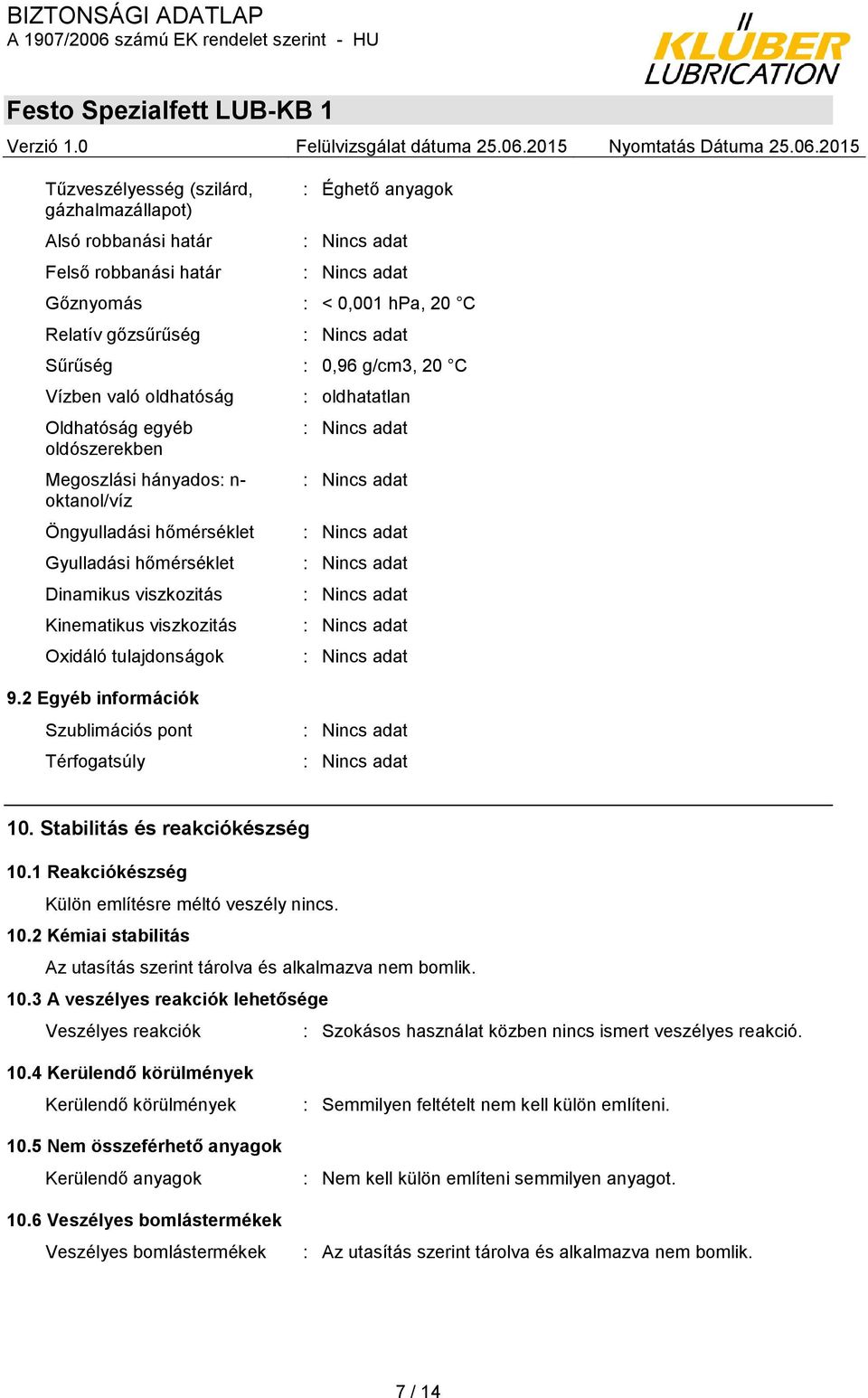 oldhatatlan 9.2 Egyéb információk Szublimációs pont Térfogatsúly 10. Stabilitás és reakciókészség 10.1 Reakciókészség Külön említésre méltó veszély nincs. 10.2 Kémiai stabilitás Az utasítás szerint tárolva és alkalmazva nem bomlik.