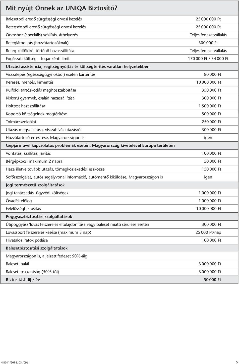 hazaszállítása Fogászati költség fogankénti limit Utazási assistencia, segítségnyújtás és költségtérítés váratlan helyzetekben Visszalépés (egészségügyi okból) esetén kártérítés Keresés, mentés,