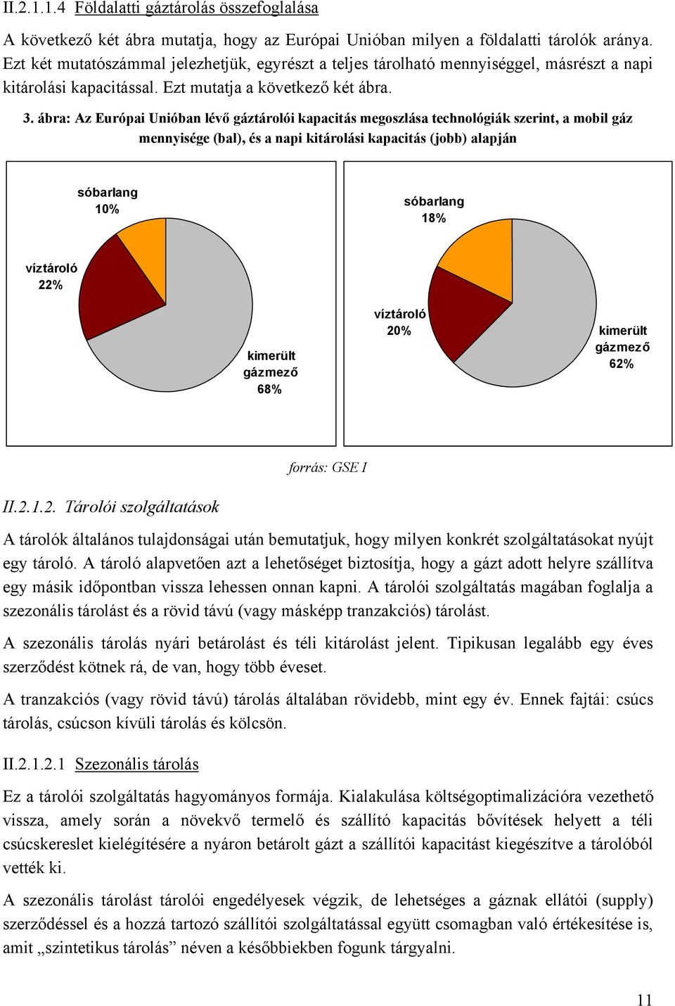 ábra: Az Európai Unióban lévő gáztárolói kapacitás megoszlása technológiák szerint, a mobil gáz mennyisége (bal), és a napi kitárolási kapacitás (jobb) alapján sóbarlang 10% sóbarlang 18% víztároló