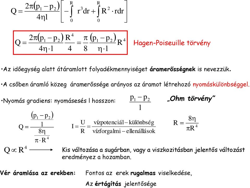 Nyoás gradiens: nyoásesés l hosszon: Q 4 Q p1 p l 8 4 I U p1 p l ízpotenciál különbség ízforgali ellenállások Oh törény 8 4 Kis