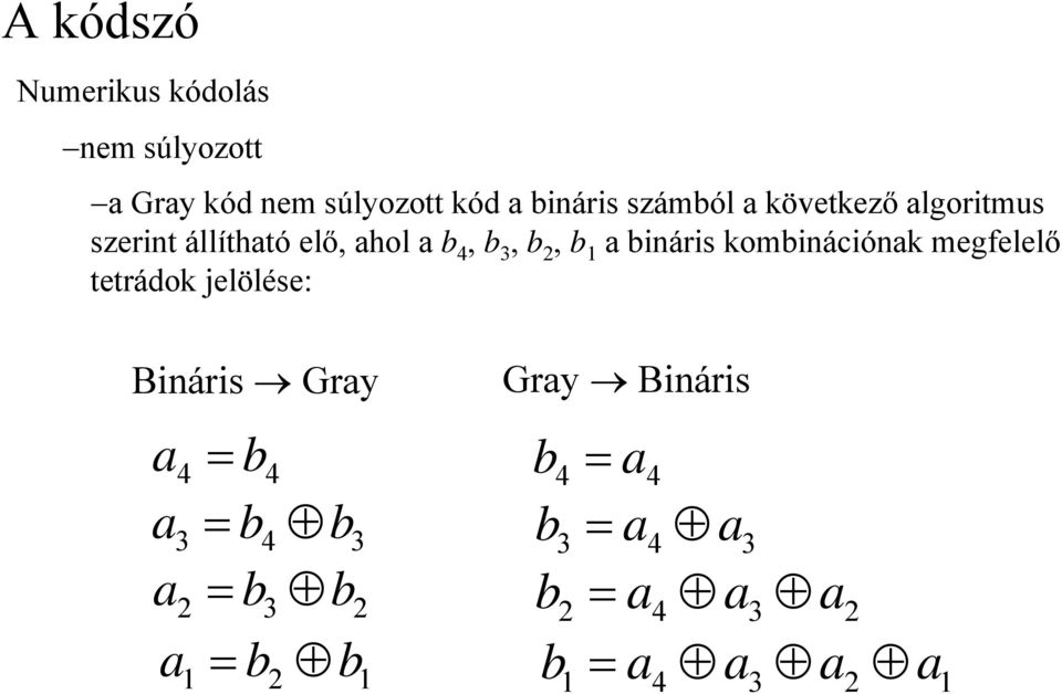 bináris kombinációnak megfelelő tetrádok jelölése: Bináris Gray a = a = b a = b 4 b 4