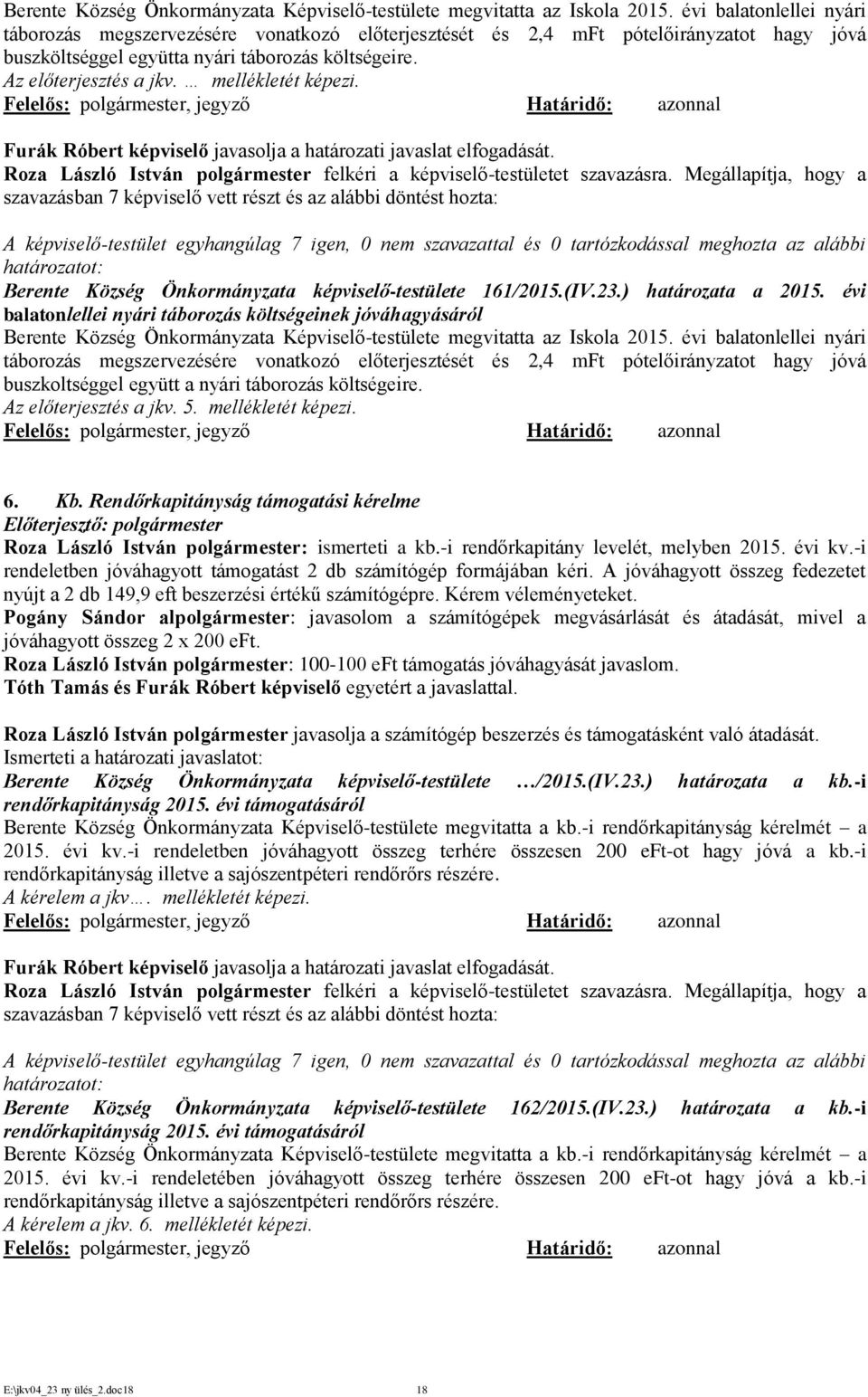 mellékletét képezi. Furák Róbert képviselő javasolja a határozati javaslat elfogadását. Berente Község Önkormányzata képviselő-testülete 161/2015.(IV.23.) határozata a 2015.