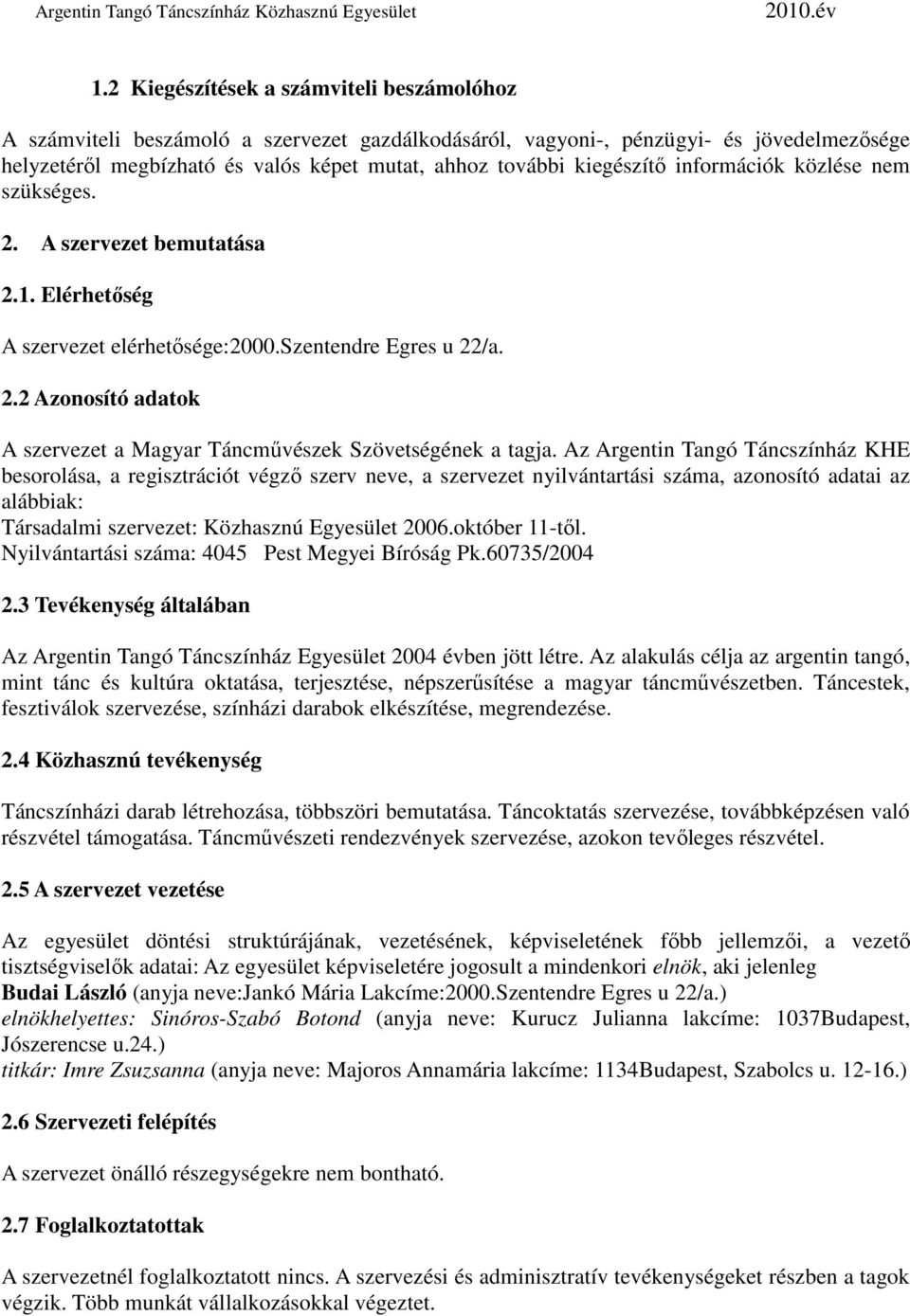 Az Argentin Tangó Táncszínház KHE besorolása, a regisztrációt végzı szerv neve, a szervezet nyilvántartási száma, azonosító adatai az alábbiak: Társadalmi szervezet: Közhasznú Egyesület 2006.
