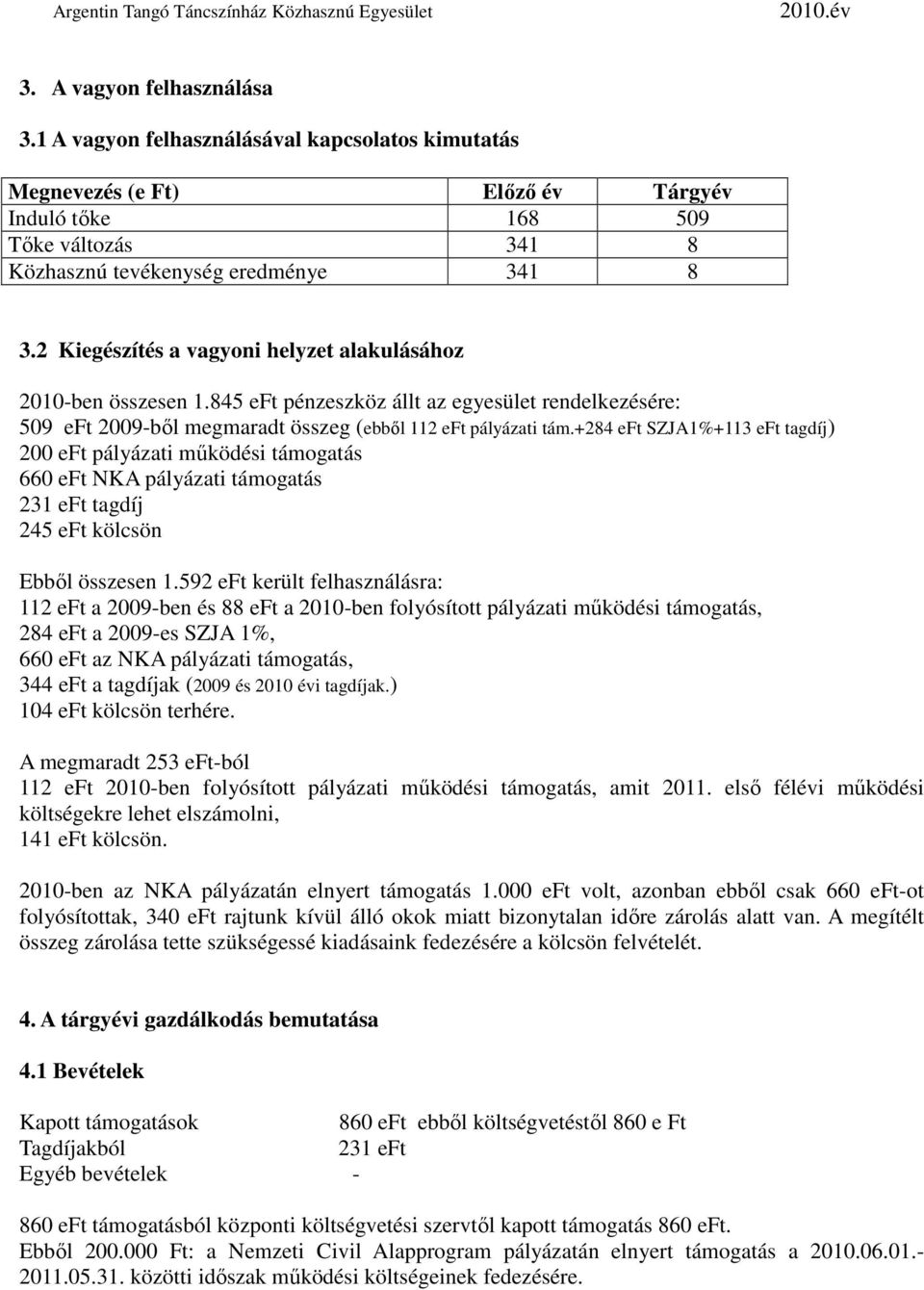 +284 eft SZJA1%+113 eft tagdíj) 200 eft pályázati mőködési támogatás 660 eft NKA pályázati támogatás 231 eft tagdíj 245 eft kölcsön Ebbıl összesen 1.