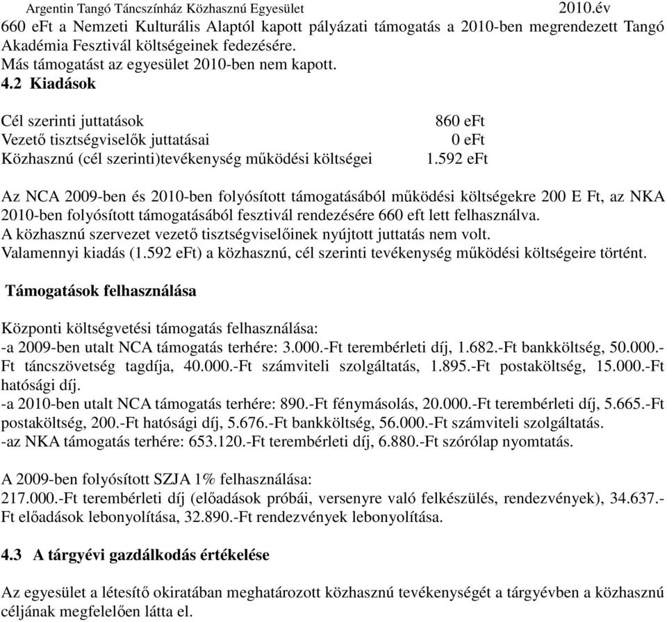 592 eft Az NCA 2009-ben és 2010-ben folyósított támogatásából mőködési költségekre 200 E Ft, az NKA 2010-ben folyósított támogatásából fesztivál rendezésére 660 eft lett felhasználva.