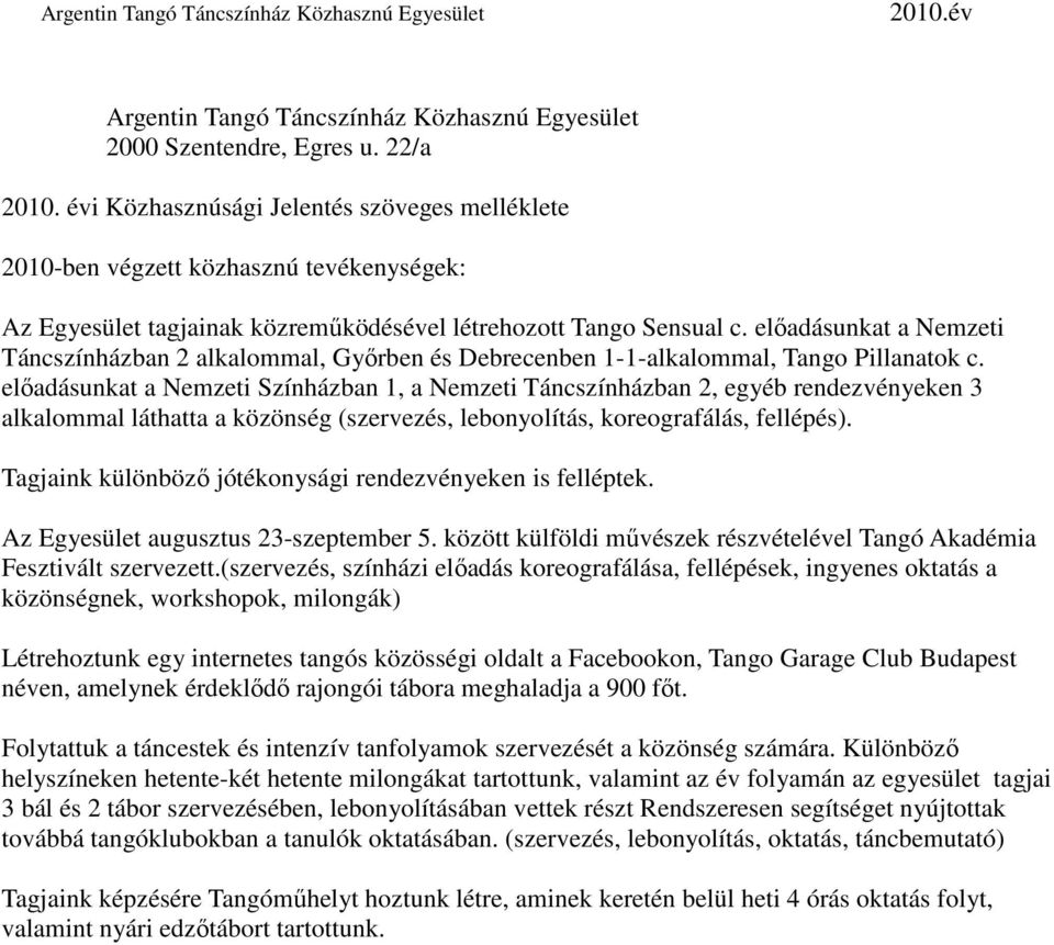 elıadásunkat a Nemzeti Táncszínházban 2 alkalommal, Gyırben és Debrecenben 1-1-alkalommal, Tango Pillanatok c.
