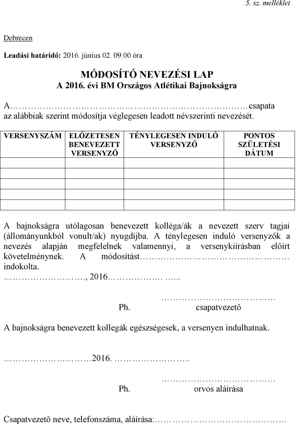 VERSENYSZÁM ELŐZETESEN BENEVEZETT VERSENYZŐ TÉNYLEGESEN INDULÓ VERSENYZŐ PONTOS SZÜLETÉSI DÁTUM A bajnokságra utólagosan benevezett kolléga/ák a nevezett szerv tagjai (állományunkból