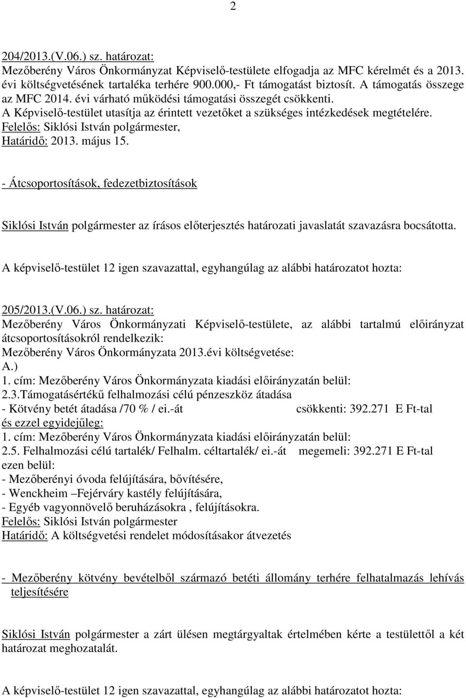 május 15. - Átcsoportosítások, fedezetbiztosítások Siklósi István polgármester az írásos elıterjesztés határozati javaslatát szavazásra bocsátotta. 205/2013.(V.06.) sz.