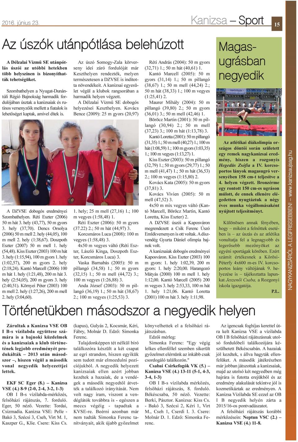 A DZVSE dobogós eredményei Szombathelyen. Réti Eszter (2006) 50 m hát 3. hely (43,77), 50 m gyors 3. hely (37,70). Dencs Orsolya (2006) 50 m mell 2. hely (44,05), 100 m mell 2. hely (1:38,67).