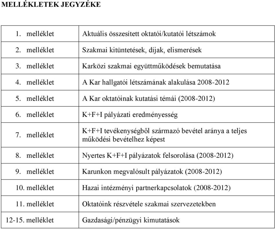 melléklet K+F+I pályázati eredményesség 7. melléklet K+F+I tevékenységből származó bevétel aránya a teljes működési bevételhez képest 8.