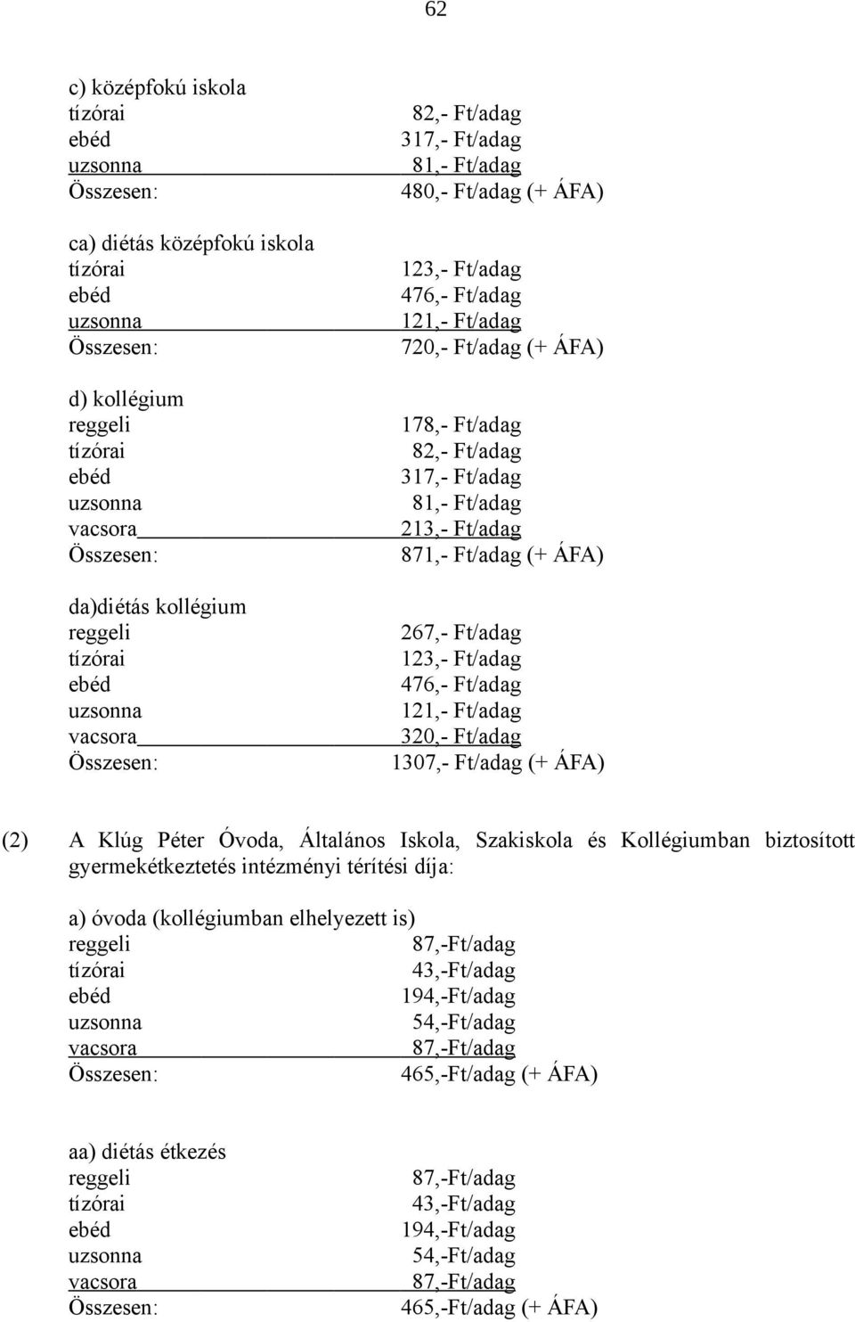 da)diétás kollégium reggeli tízórai ebéd uzsonna vacsora Összesen: (2) 267,- Ft/adag 123,- Ft/adag 476,- Ft/adag 121,- Ft/adag 320,- Ft/adag 1307,- Ft/adag (+ ÁFA) A Klúg Péter Óvoda, Általános