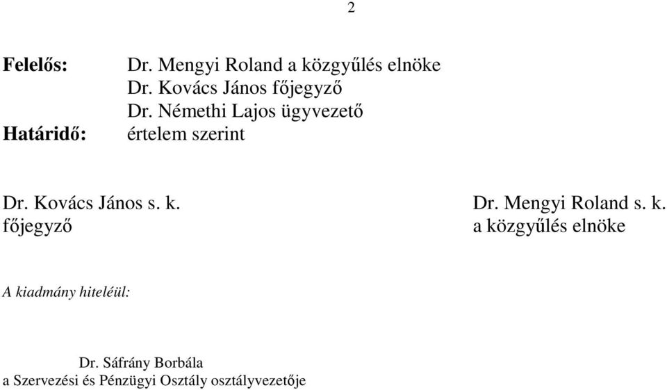 Kovács János s. k. Dr. Mengyi Roland s. k. főjegyző a közgyűlés elnöke A kiadmány hiteléül: Dr.