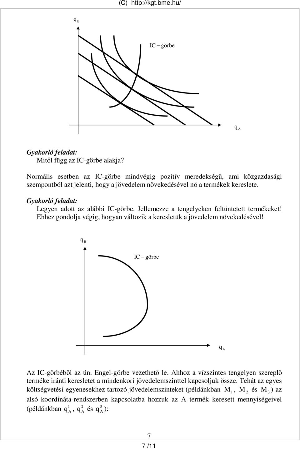 Gyakorló feladat: Legyen adott az alábbi IC-görbe. Jellemezze a tengelyeken feltüntetett termékeket! Ehhez gondolja végig, hogyan változik a keresletük a jövedelem növekedésével!