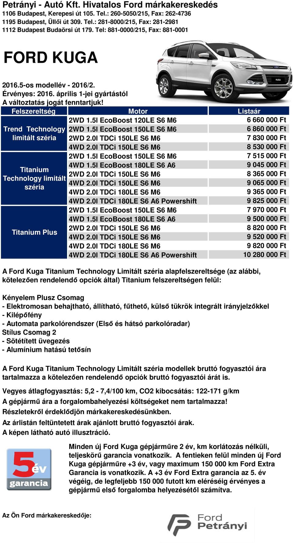 5l EcoBoost 150LE S6 M6 6 860 000 Ft limitált széria 2WD 2.0l TDCi 150LE S6 M6 7 830 000 Ft 4WD 2.0l TDCi 150LE S6 M6 8 530 000 Ft 2WD 1.