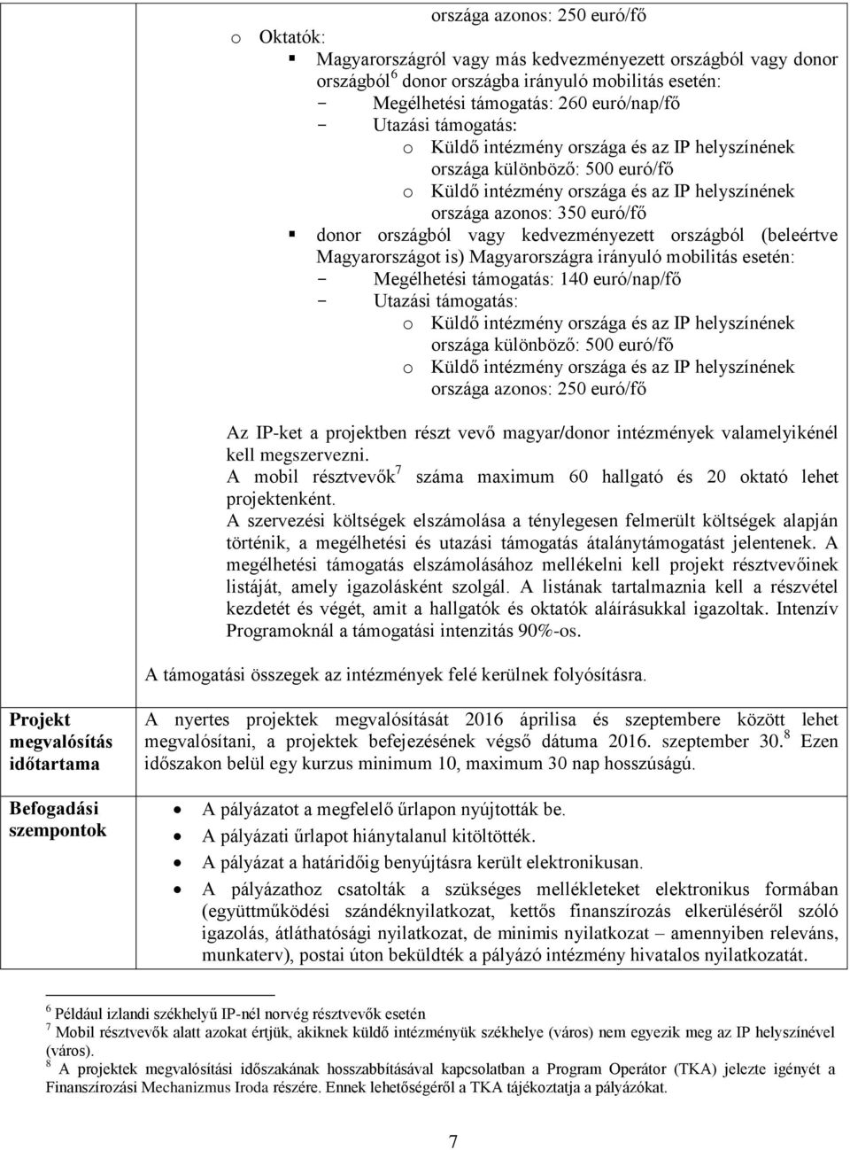 Megélhetési támogatás: 140 euró/nap/fő Utazási támogatás: országa különböző: 500 euró/fő országa azonos: 250 euró/fő Az IP-ket a projektben részt vevő magyar/donor intézmények valamelyikénél kell