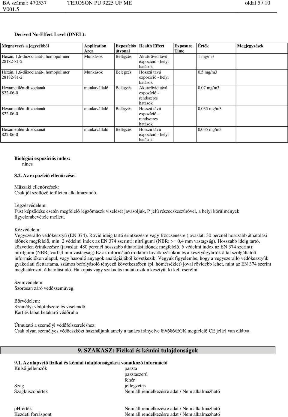 Belégzés Hosszú távú helyi Exposure Time 1 mg/m3 0,5 mg/m3 0,07 mg/m3 0,035 mg/m3 0,035 mg/m3 Megjegyzések Biológiai expozíciós index: nincs 8.2.